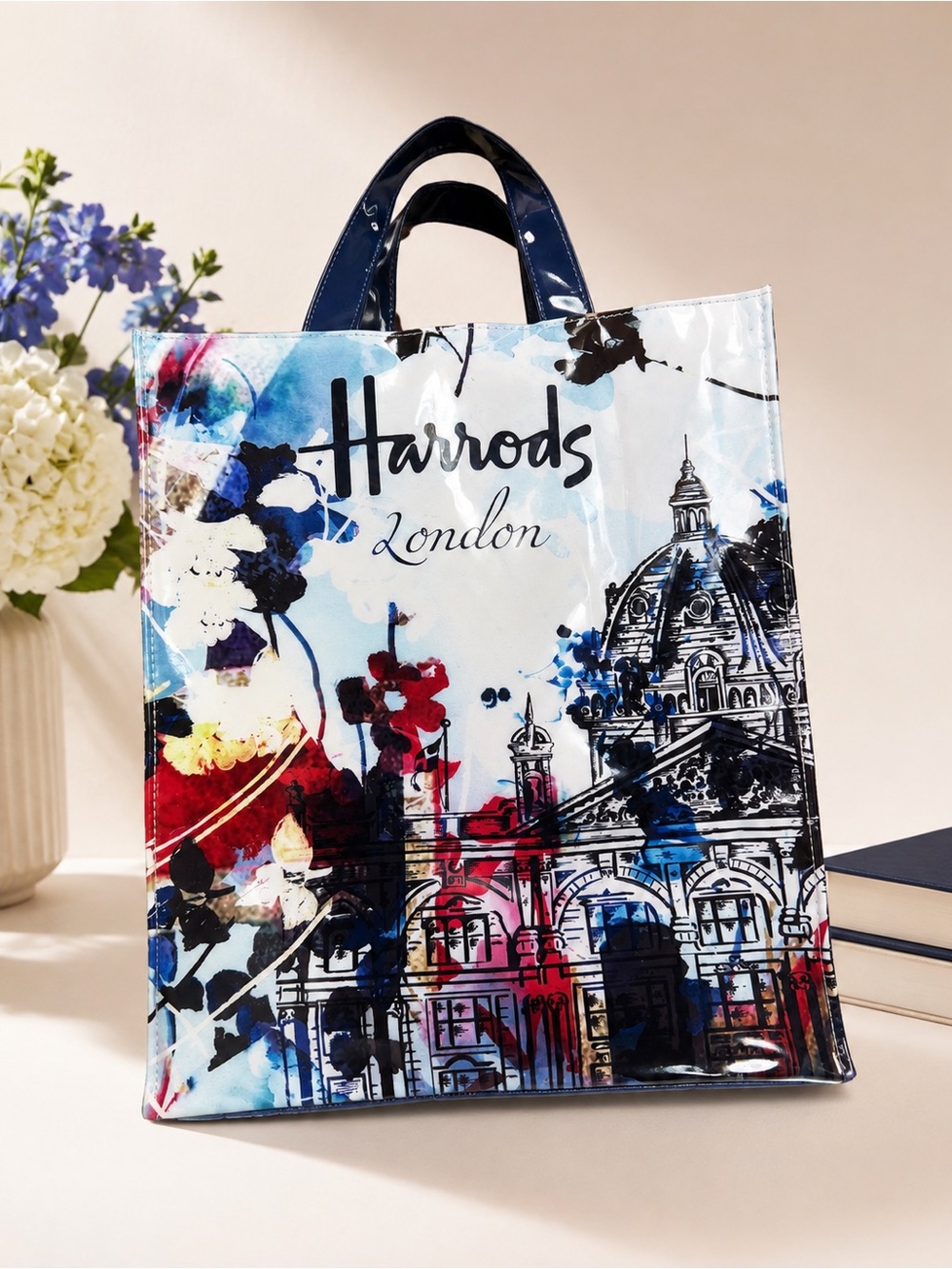 Harrods London Watercolour Shopper Bag Knightsbridge PVC Tote Zip Top Travel